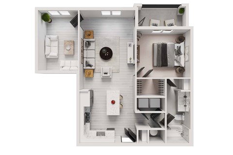 Floor plan for 1 bed, 1 bath, 890 sqft